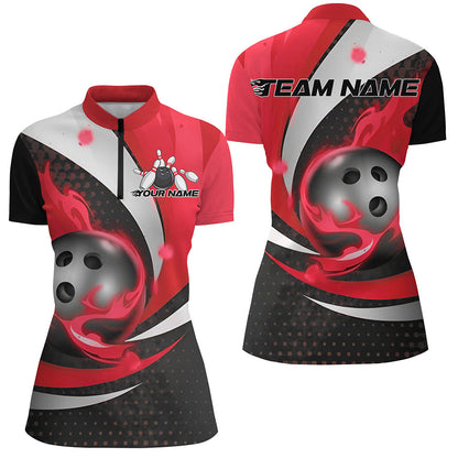 Black And Red Flame Custom Bowling Shirts For Women, Bowling League Shirts Bowler Outfits IPHW7668