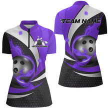 Load image into Gallery viewer, Black And Purple Flame Custom Ladies Bowling Shirts, Bowling League Shirts Bowler Outfits IPHW7669