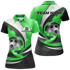 Black And Green Flame Custom Bowling Shirts For Women, Bowling League Shirts Bowler Outfits IPHW7670