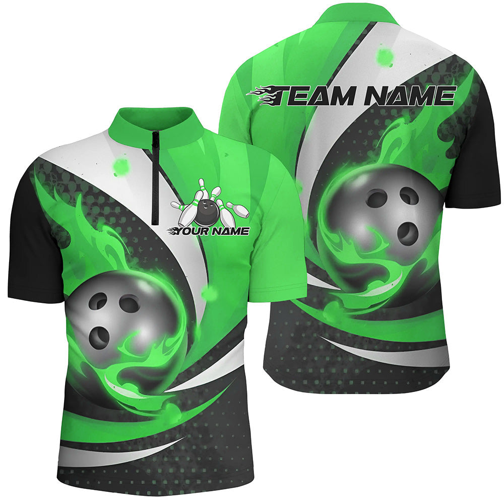 Black And Green Flame Custom Bowling Shirts For Men, Bowling League Shirts Bowler Outfits IPHW7670