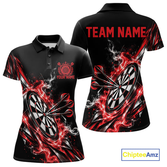 Custom Black And Red Flame Dartboard Dart Team Women Polo Shirt, Dart Jersey IPHW12472
