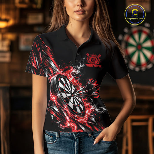 Custom Black And Red Flame Dartboard Dart Team Women Polo Shirt, Dart Jersey IPHW12472