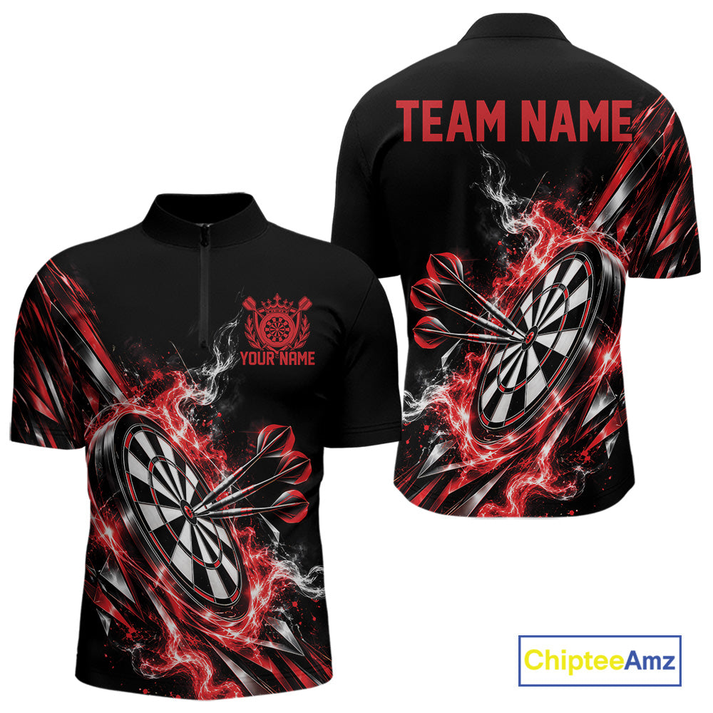 Custom Black And Red Flame Dartboard Dart Team Men Quarter Zip Shirt, Dart Jersey IPHW12472