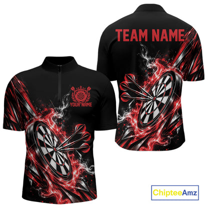 Custom Black And Red Flame Dartboard Dart Team Men Quarter Zip Shirt, Dart Jersey IPHW12472