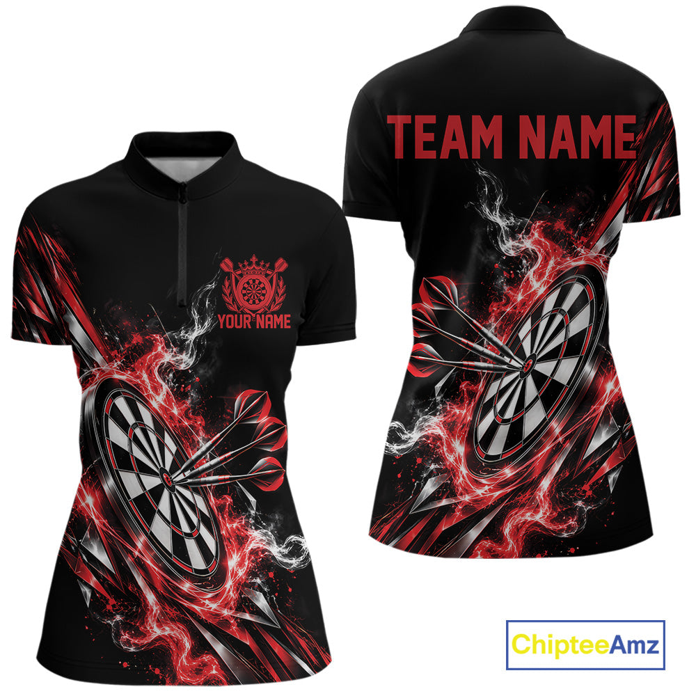 Custom Black And Red Flame Dartboard Dart Team Women Quarter-Zip Shirt, Dart Jersey IPHW12472