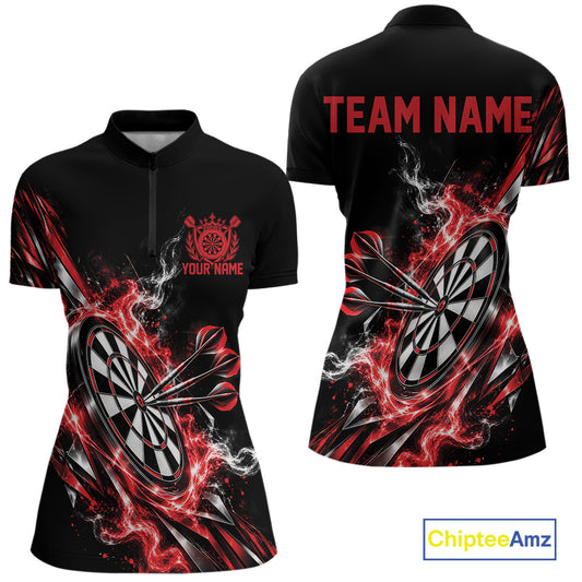 Custom Black And Red Flame Dartboard Dart Team Women Quarter-Zip Shirt, Dart Jersey IPHW12472