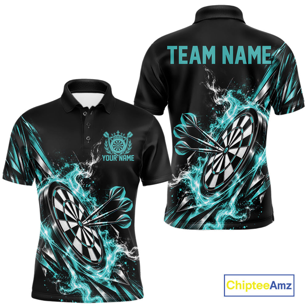 Custom Black And Turquoise Flame Dartboard Dart Team Men Polo Shirt, Dart Jersey IPHW12473