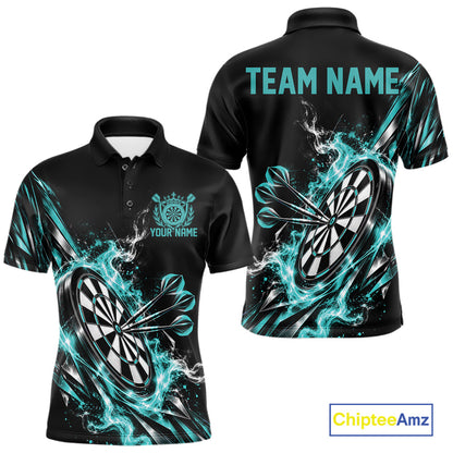 Custom Black And Turquoise Flame Dartboard Dart Team Men Polo Shirt, Dart Jersey IPHW12473