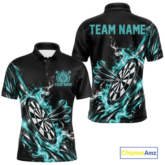 Custom Black And Turquoise Flame Dartboard Dart Team Men Polo Shirt, Dart Jersey IPHW12473