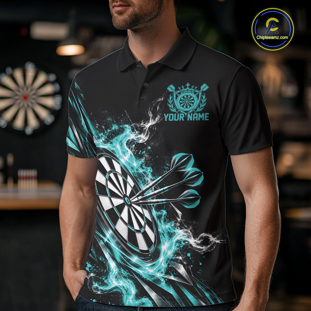 Custom Black And Turquoise Flame Dartboard Dart Team Men Polo Shirt, Dart Jersey IPHW12473