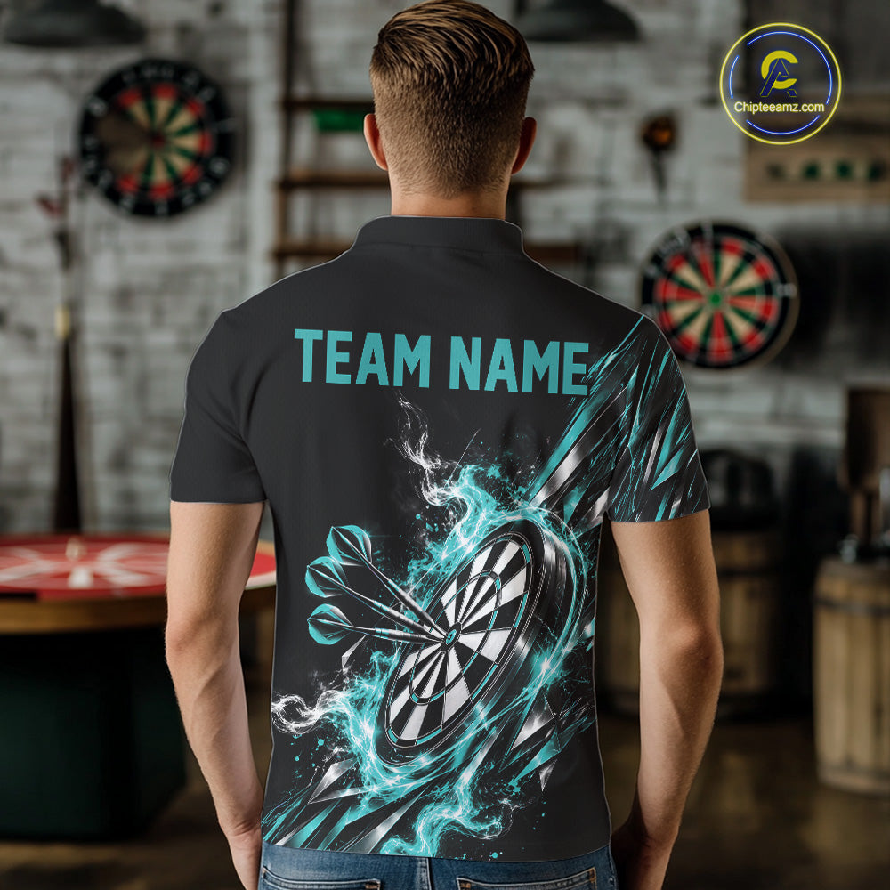 Custom Black And Turquoise Flame Dartboard Dart Team Men Polo Shirt, Dart Jersey IPHW12473
