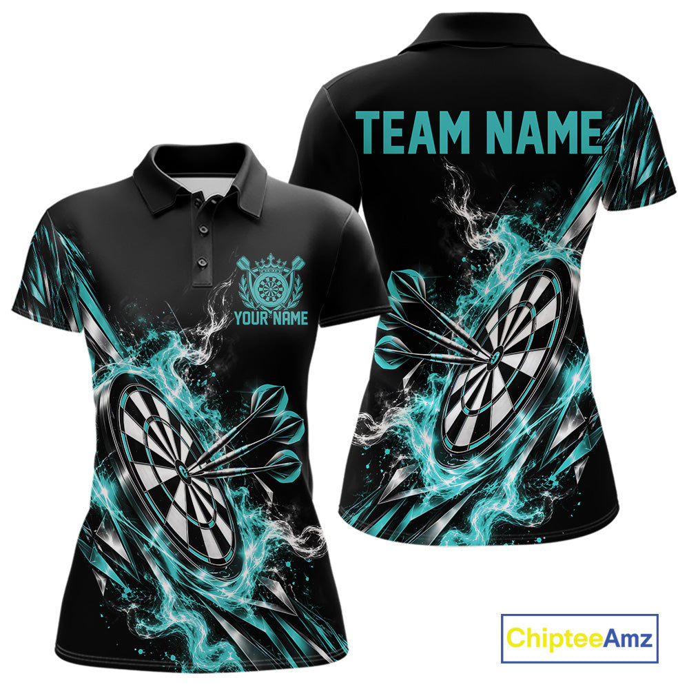 Custom Black And Turquoise Flame Dartboard Dart Team Women Polo Shirt, Dart Jersey IPHW12473