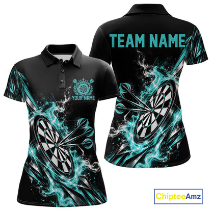 Custom Black And Turquoise Flame Dartboard Dart Team Women Polo Shirt, Dart Jersey IPHW12473
