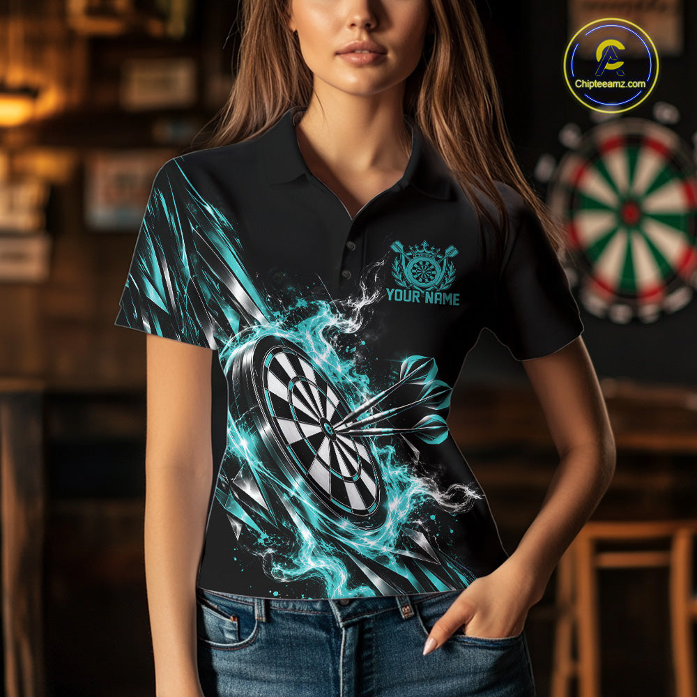 Custom Black And Turquoise Flame Dartboard Dart Team Women Polo Shirt, Dart Jersey IPHW12473
