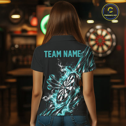Custom Black And Turquoise Flame Dartboard Dart Team Women Polo Shirt, Dart Jersey IPHW12473