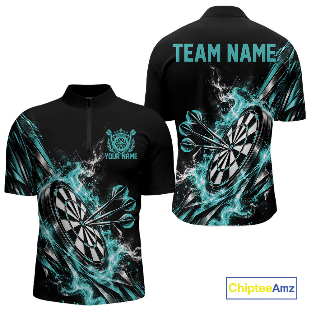 Custom Black And Turquoise Flame Dartboard Dart Team Men Quarter Zip Shirt, Dart Jersey IPHW12473