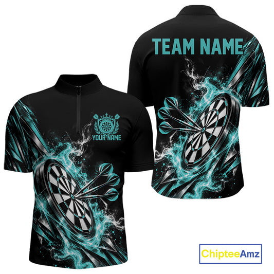 Custom Black And Turquoise Flame Dartboard Dart Team Men Quarter Zip Shirt, Dart Jersey IPHW12473