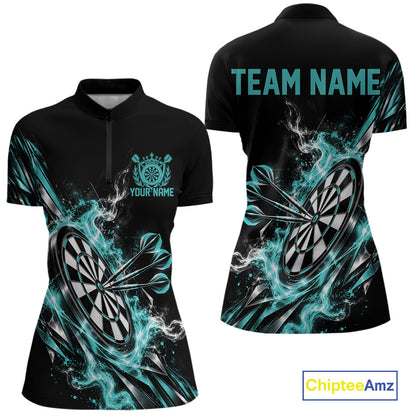 Custom Black And Turquoise Flame Dartboard Dart Women Quarter-Zip Shirt, Dart Jersey IPHW12473