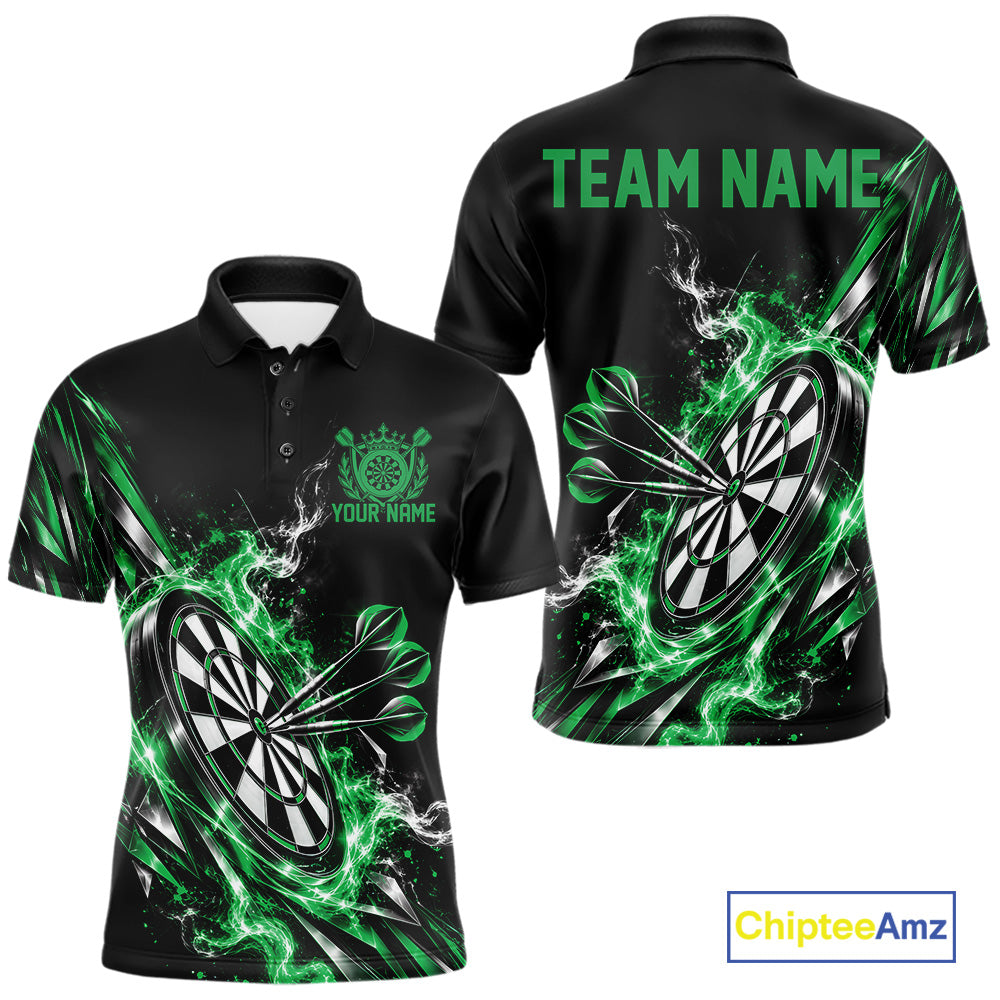 Custom Black And Green Flame Dartboard Dart Team Men Polo Shirt, Dart Jersey IPHW12474