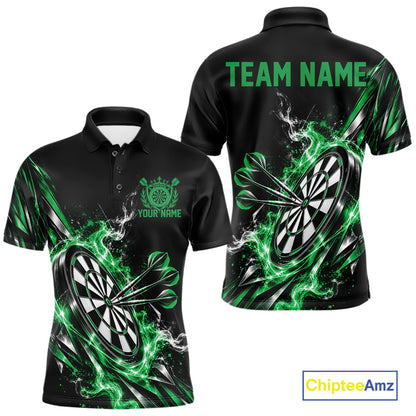 Custom Black And Green Flame Dartboard Dart Team Men Polo Shirt, Dart Jersey IPHW12474