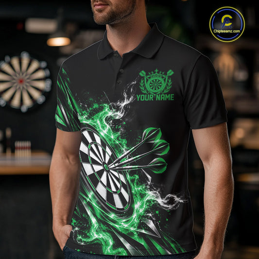 Custom Black And Green Flame Dartboard Dart Team Men Polo Shirt, Dart Jersey IPHW12474