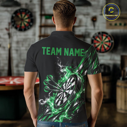 Custom Black And Green Flame Dartboard Dart Team Men Polo Shirt, Dart Jersey IPHW12474