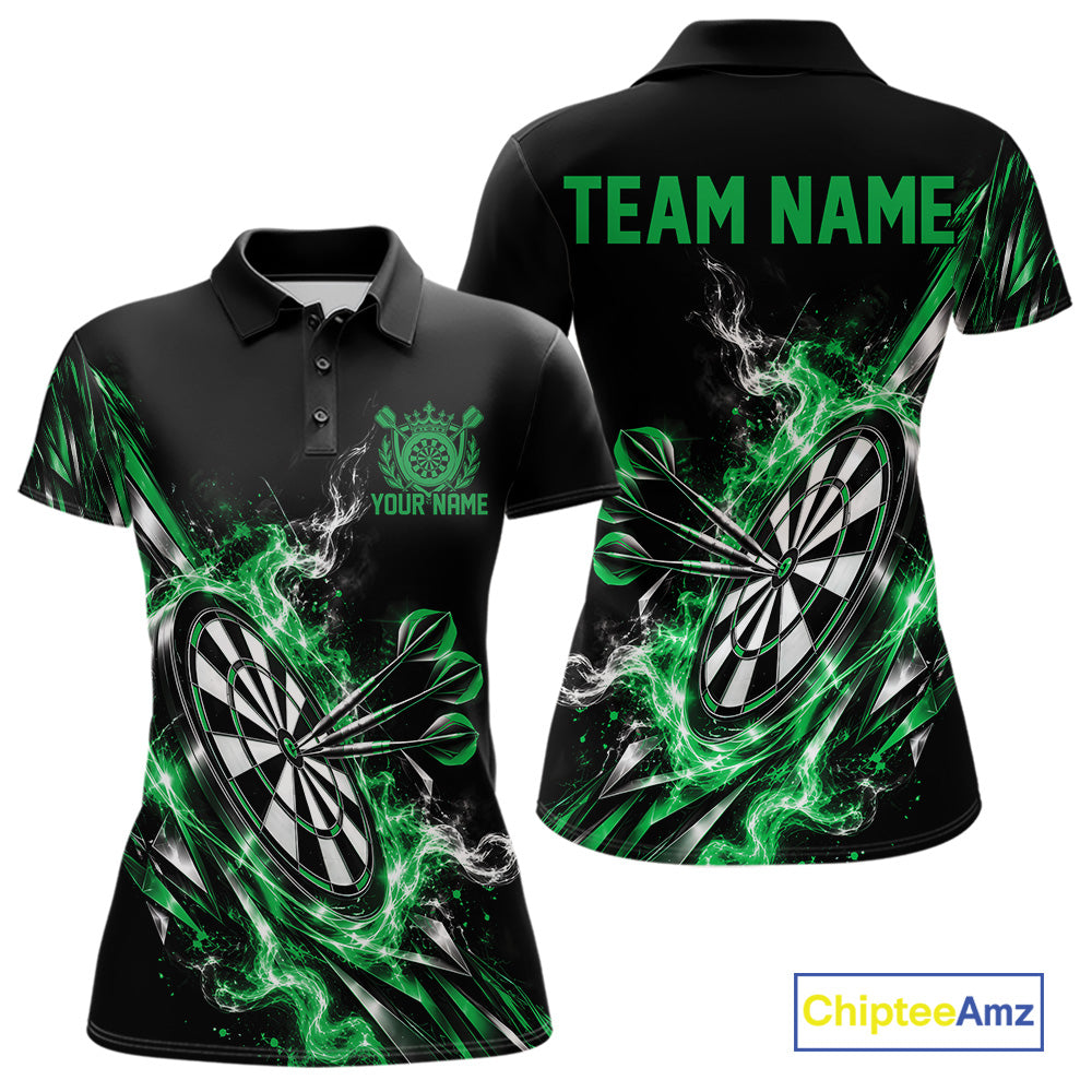 Custom Black And Green Flame Dartboard Dart Team Women Polo Shirt, Dart Jersey IPHW12474