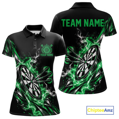 Custom Black And Green Flame Dartboard Dart Team Women Polo Shirt, Dart Jersey IPHW12474
