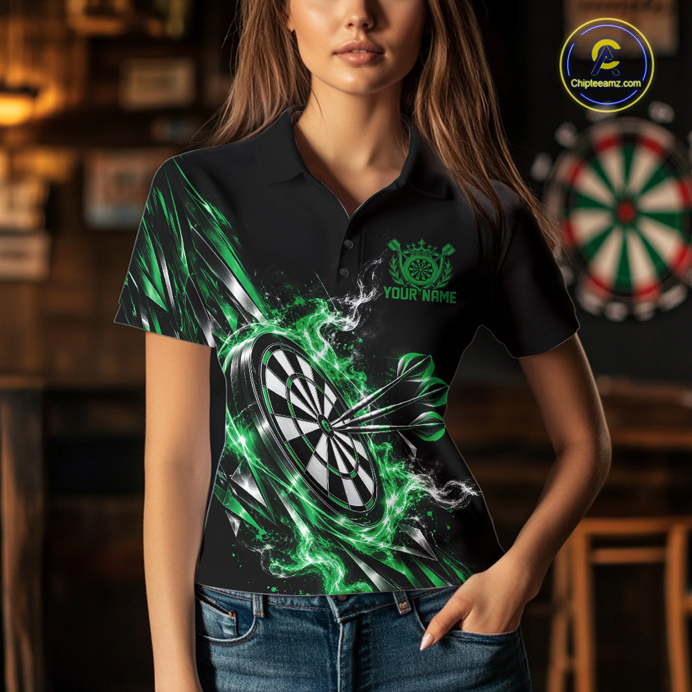 Custom Black And Green Flame Dartboard Dart Team Women Polo Shirt, Dart Jersey IPHW12474