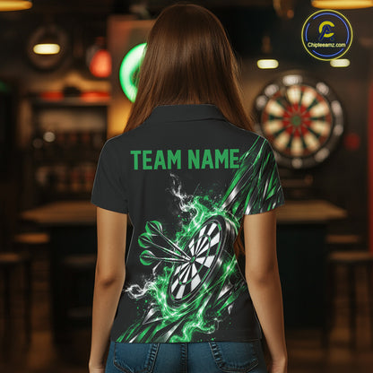 Custom Black And Green Flame Dartboard Dart Team Women Polo Shirt, Dart Jersey IPHW12474