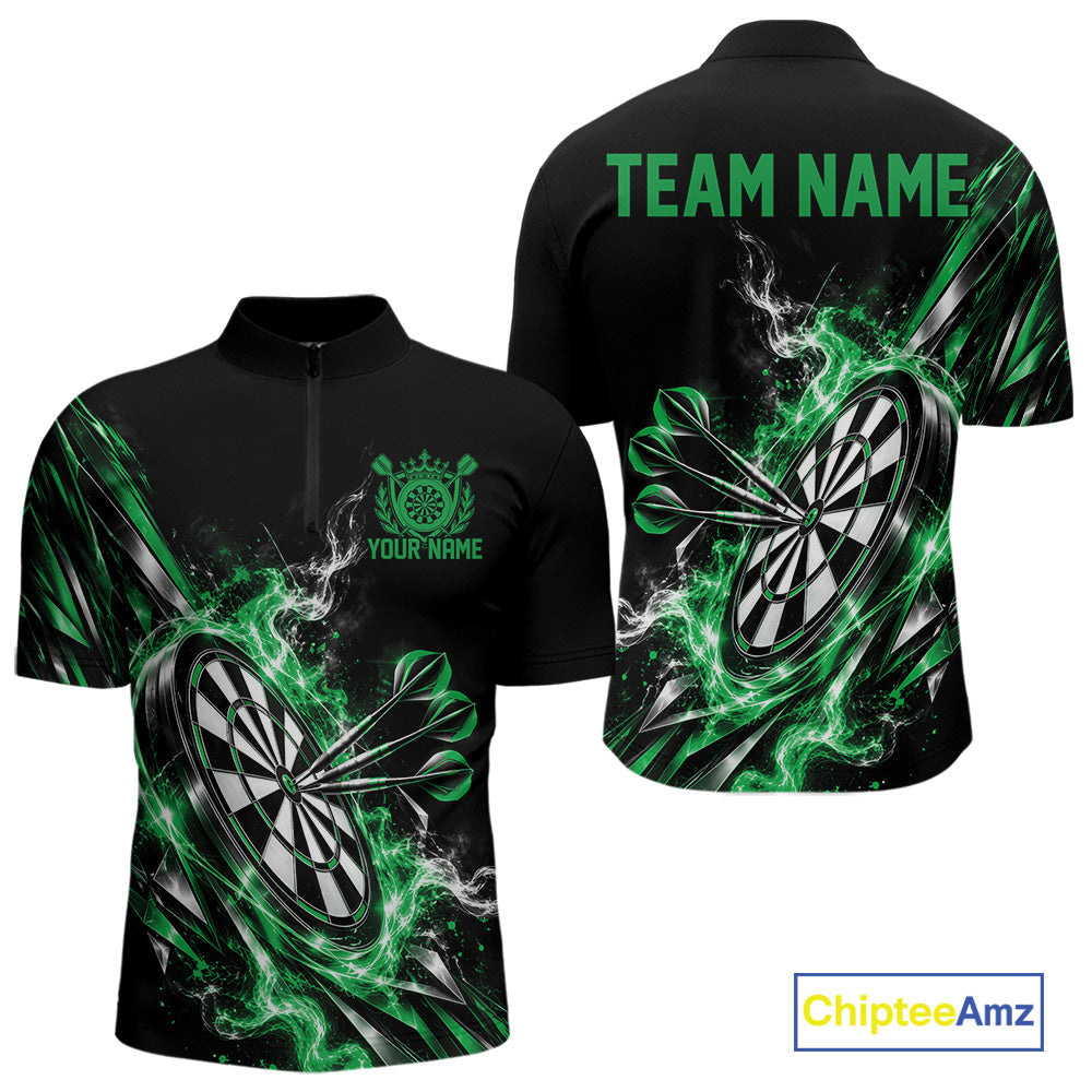 Custom Black And Green Flame Dartboard Dart Team Men Quarter Zip Shirt, Dart Jersey IPHW12474