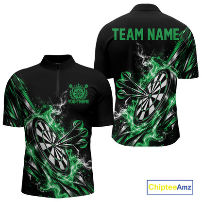 Custom Black And Green Flame Dartboard Dart Team Men Quarter Zip Shirt, Dart Jersey IPHW12474