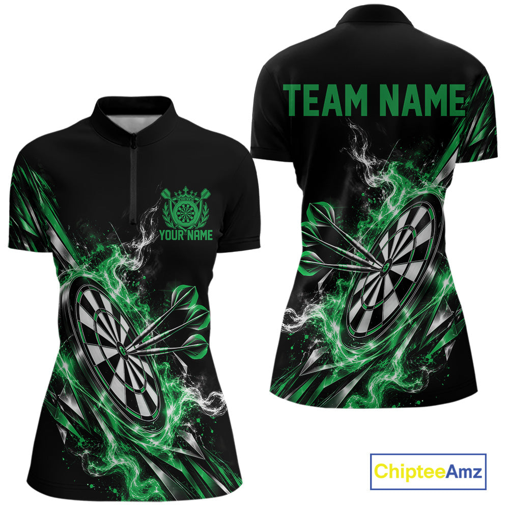 Custom Black And Green Flame Dartboard Dart Team Women Quarter-Zip Shirt, Dart Jersey IPHW12474