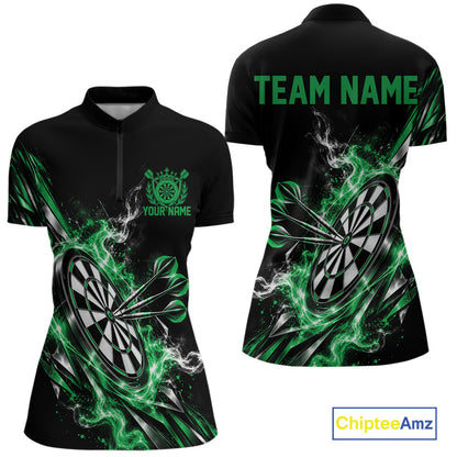 Custom Black And Green Flame Dartboard Dart Team Women Quarter-Zip Shirt, Dart Jersey IPHW12474