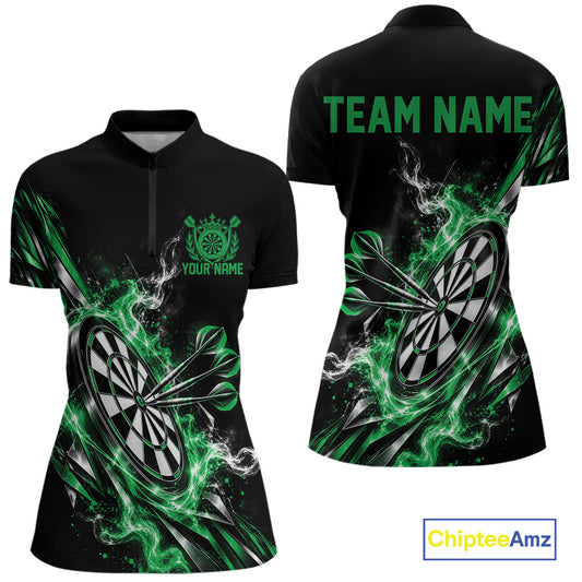 Custom Black And Green Flame Dartboard Dart Team Women Quarter-Zip Shirt, Dart Jersey IPHW12474