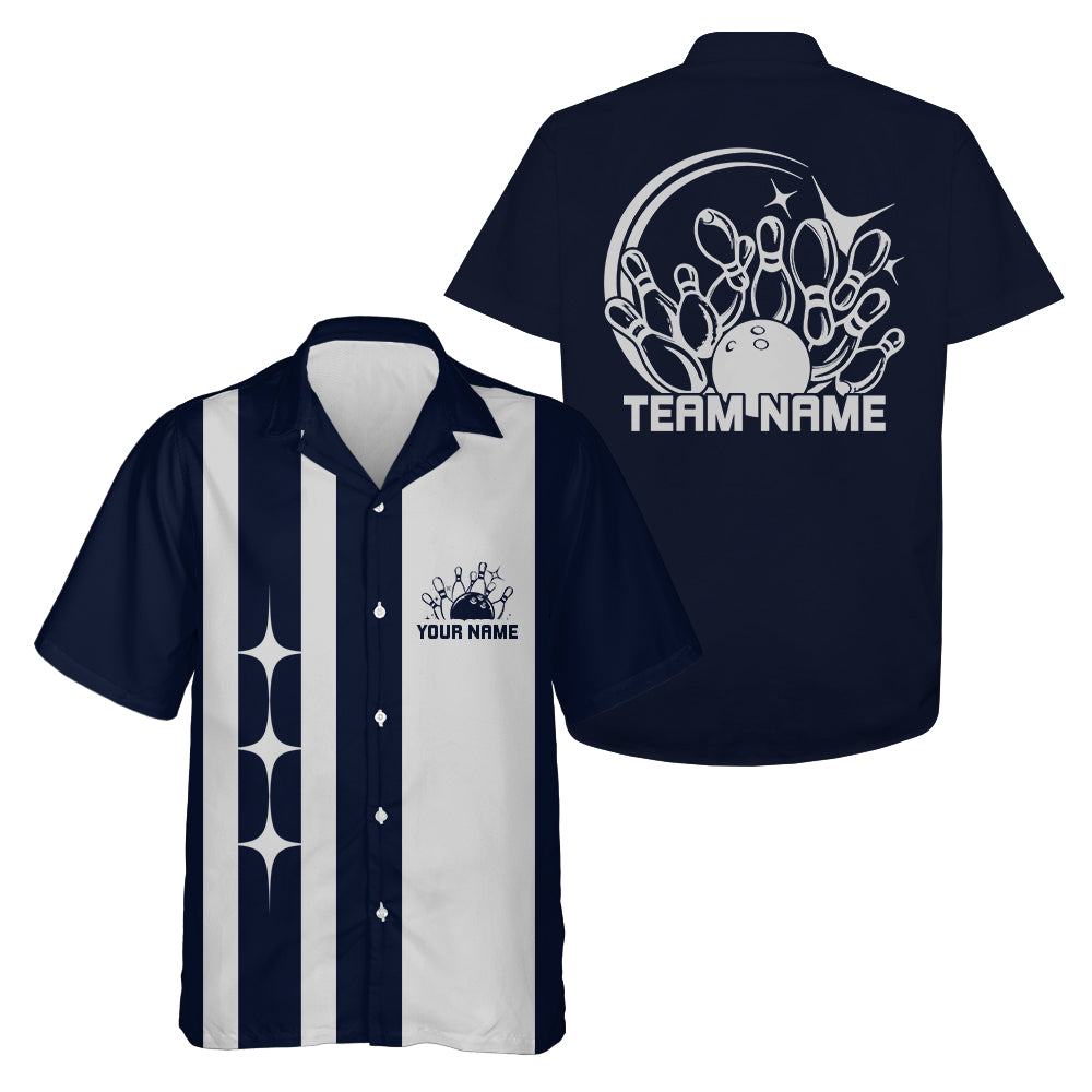 Classic Retro Navy and white bowling shirt with customizable text on a white background