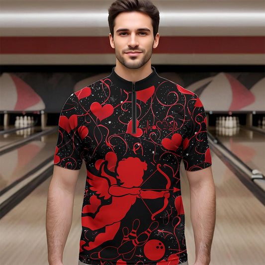 Black And Red Custom Valentines Day Bowling Quarter-Zip Shirts For Men, Bowling Couple Shirt IPHW8329