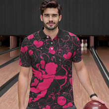 Load image into Gallery viewer, Black And Pink Custom Valentines Day Bowling Polo Shirts For Men, Bowling Couple Shirt IPHW8330