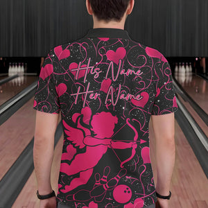 Black And Pink Custom Valentines Day Bowling Polo Shirts For Men, Bowling Couple Shirt IPHW8330