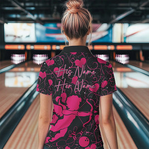 Black And Pink Custom Valentines Day Bowling Polo Shirts For Women, Bowling Couple Shirt IPHW8330