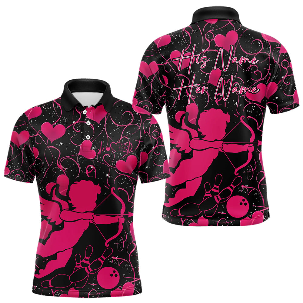 Black And Pink Custom Valentines Day Bowling Polo Shirts For Men, Bowling Couple Shirt IPHW8330