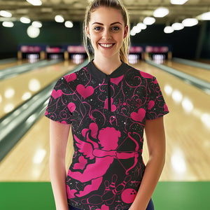 Black And Pink Custom Valentines Day Womens Bowling Quarter-Zip Shirt, Bowling Couple Shirt IPHW8330