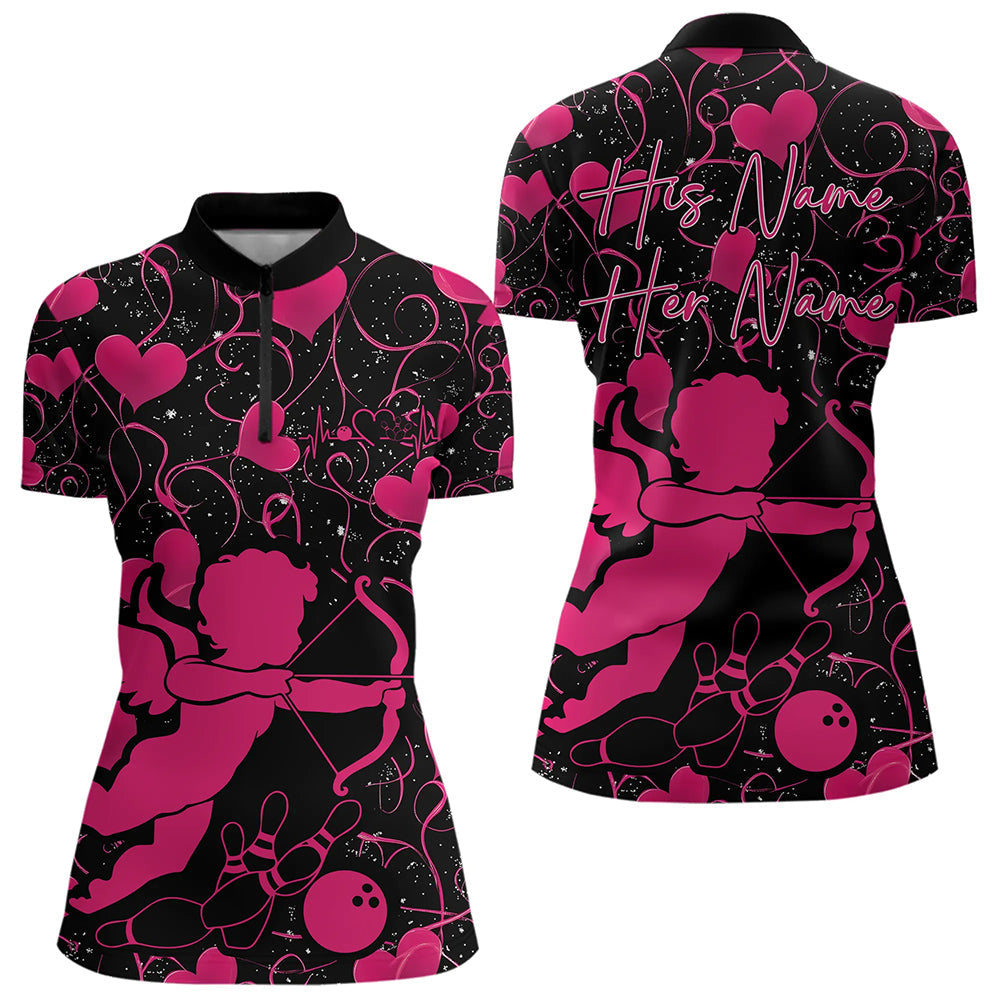 Black And Pink Custom Valentines Day Womens Bowling Quarter-Zip Shirt, Bowling Couple Shirt IPHW8330