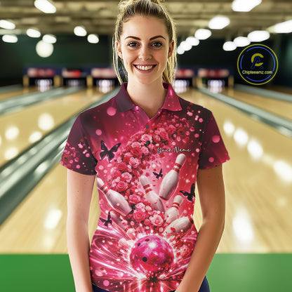 Custom Pink Roses And Butterfly Women Bowling Shirt, Flower Ladies Bowling Jerseys IPHW10893