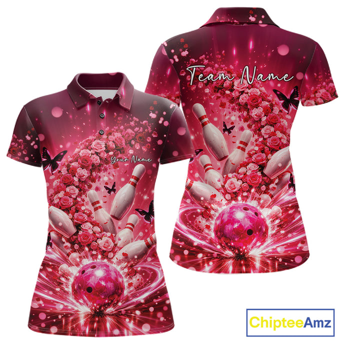Custom Pink Roses And Butterfly Women Bowling Shirt, Flower Ladies Bowling Jerseys IPHW10893