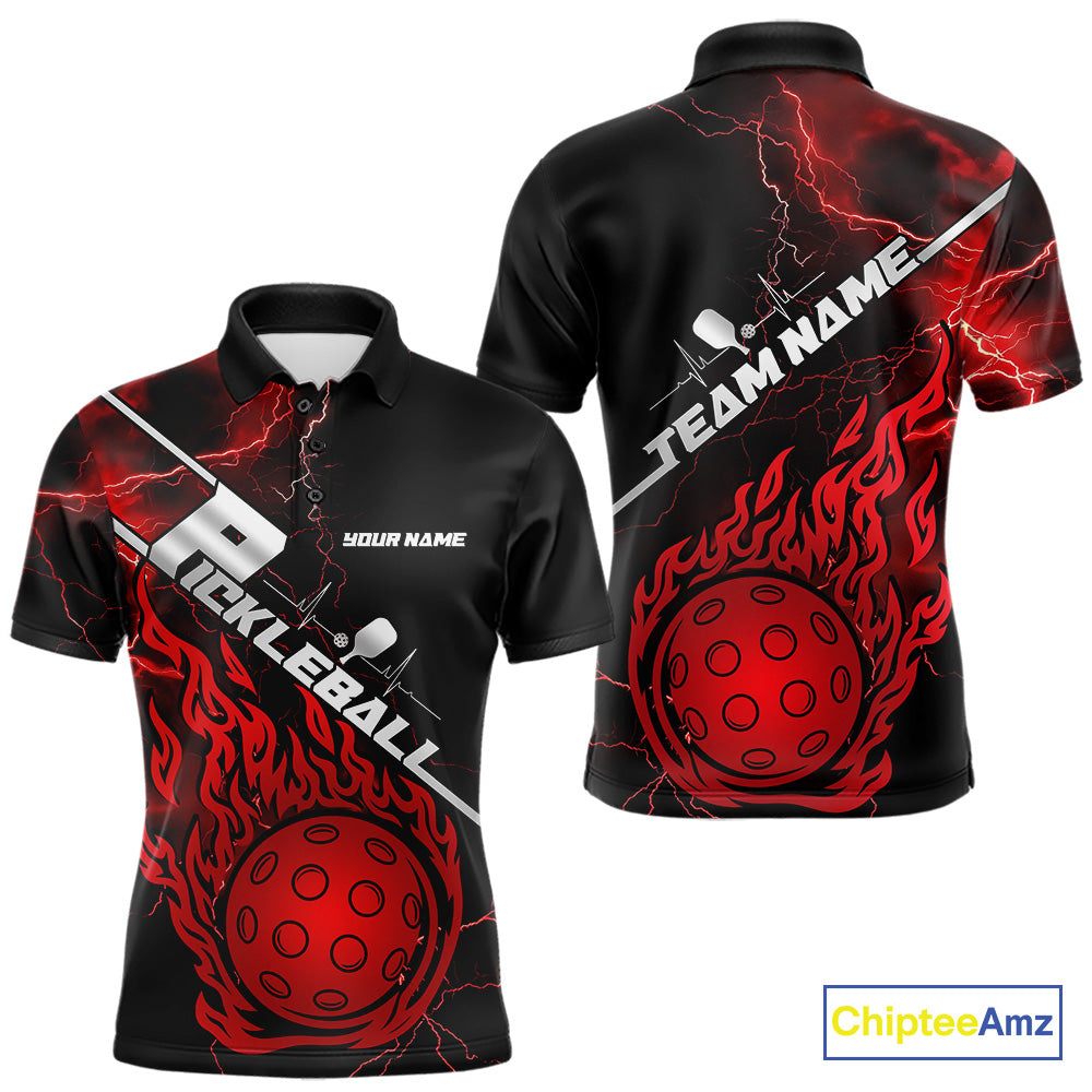 Custom Black And Red Thunder Lightning Flame Pcikleball Polo Team Shirts For Men IPHW9304