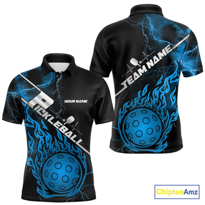 Custom Black And Blue Thunder Lightning Flame Pcikleball Polo Team Shirts For Men IPHW9305