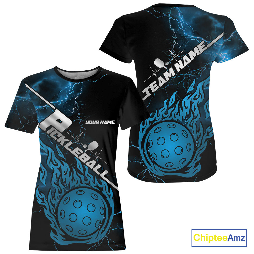 Custom Black And Blue Thunder Lightning Flame Pcikleball T-Shirts Team For Women IPHW9305