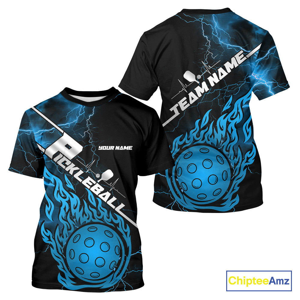 Custom Black And Blue Thunder Lightning Flame Pcikleball T-Shirts Team For Men IPHW9305