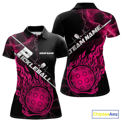 Custom Black And Pink Thunder Lightning Flame Pcikleball Polo Team Shirts For Women IPHW9306